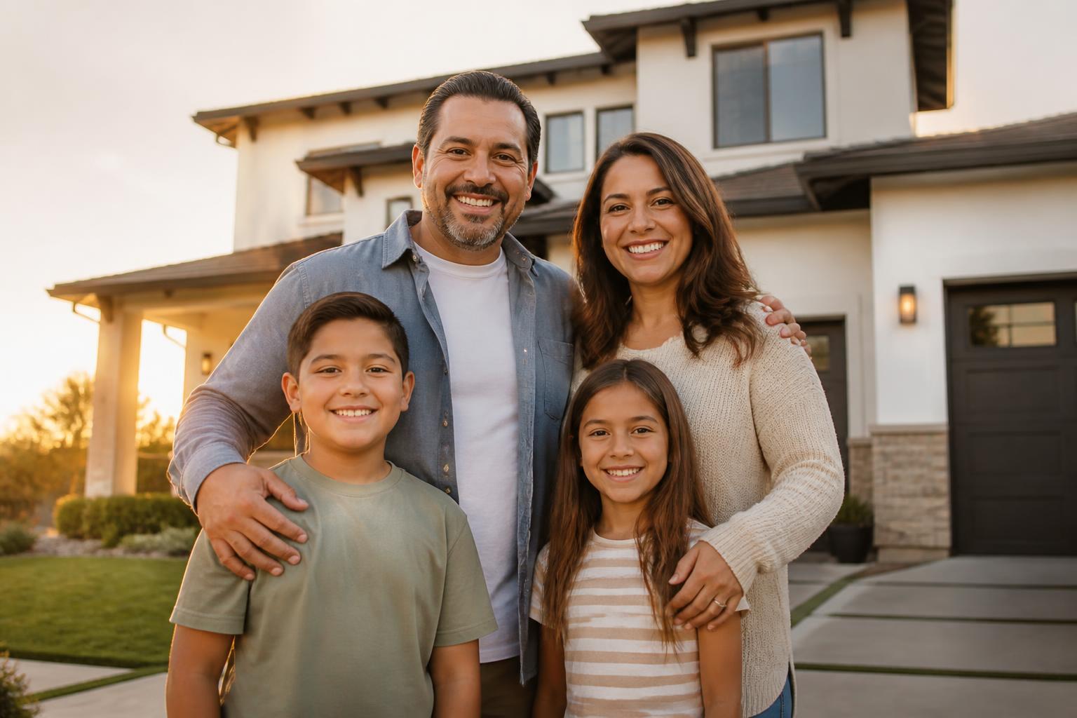 Familia hispana feliz frente a su hogar